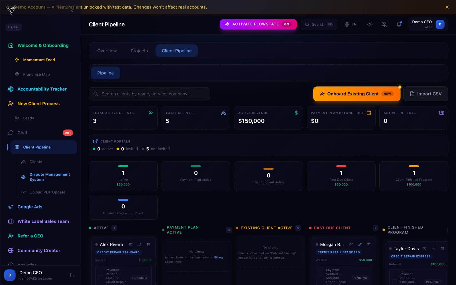 Client pipeline dashboard showing active clients, revenue, and pipeline stages