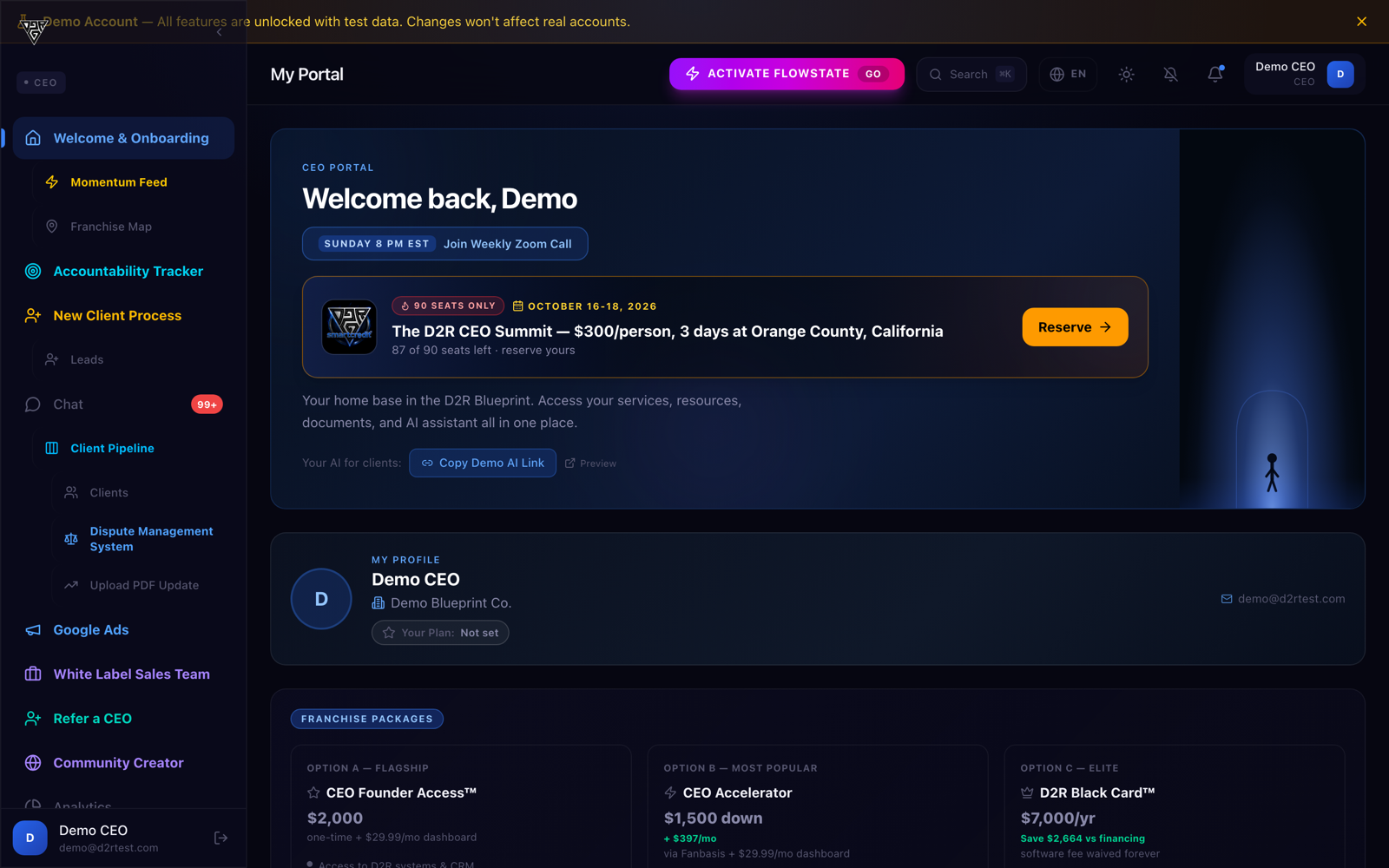 CEO portal welcome and onboarding dashboard