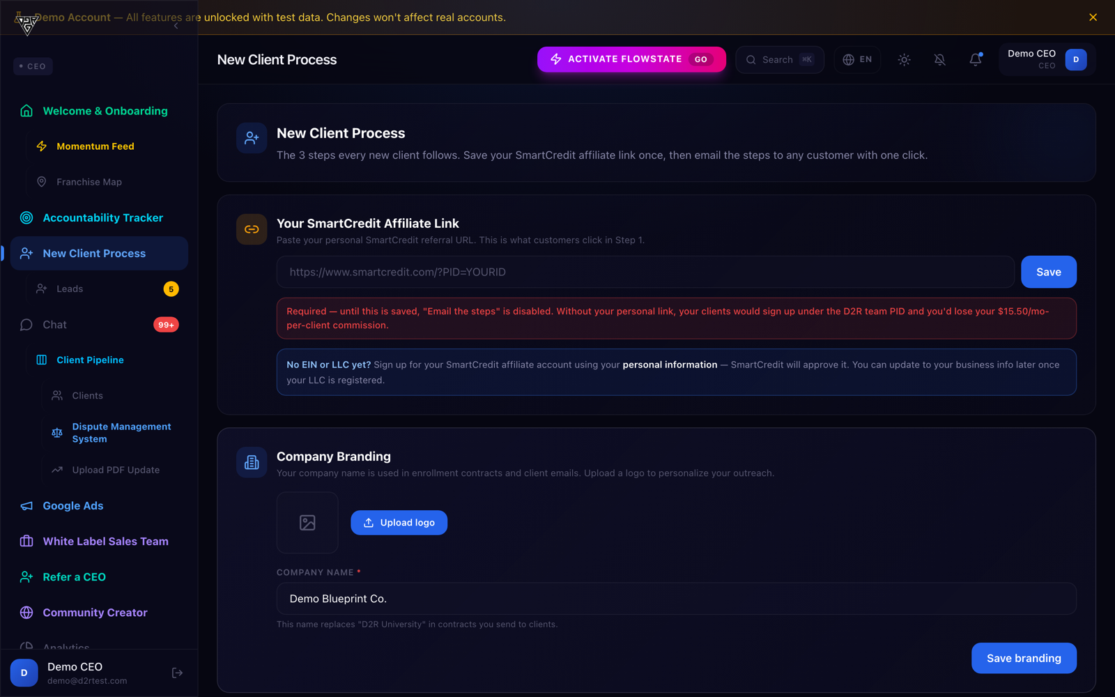 New client intake process dashboard